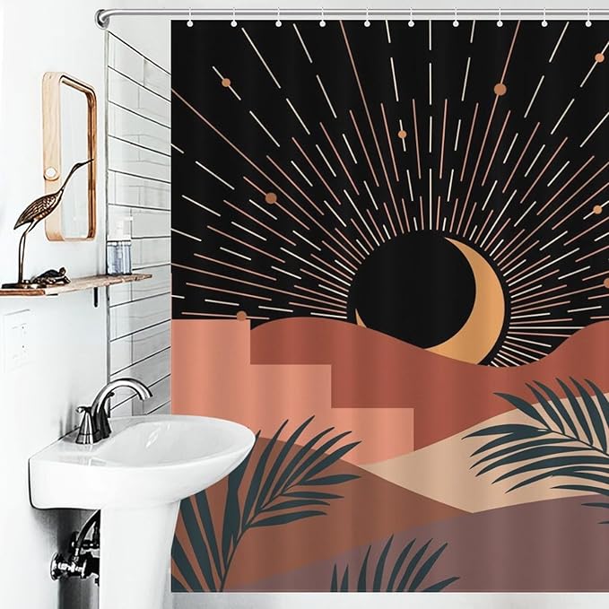 Mid Century Modern Shower Curtain, Boho Aesthetic Moon Phase Green Tropical Palm Leaves Abstract Minimalist Geometic Arch Waterproof Fabric Bathroom Shower Curtain Set with Hooks, 72"x78" Inch
