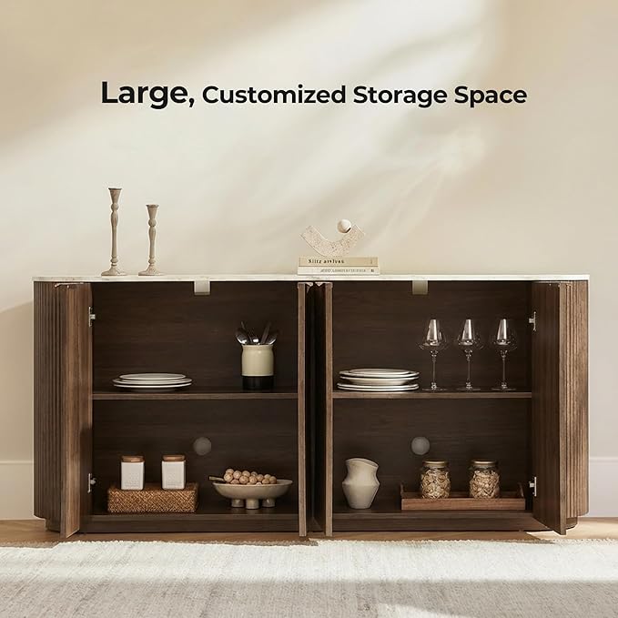 CHITA 70" Sideboard Buffet Cabinet with Storage, Living Room Accent Cabinet with Doors and Adjustable Shelves, for Bar, Kitchen, Walnut - Faux Marble