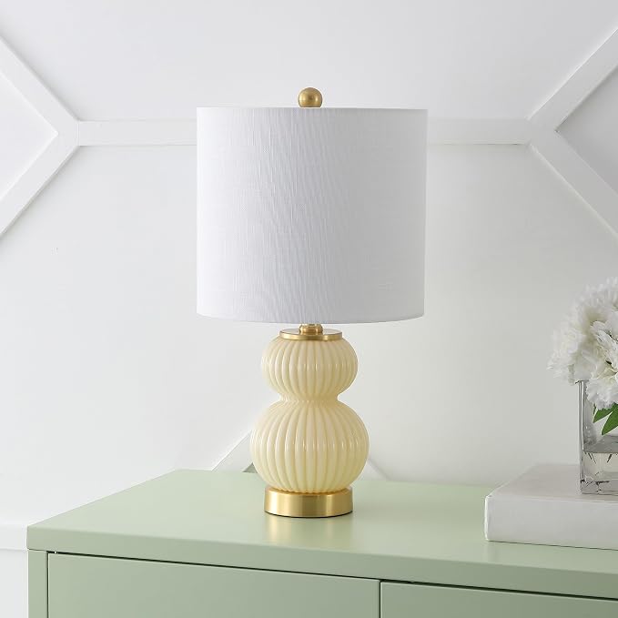 JONATHAN Y 20" Ivory/Brass Gold Ribbed Gourd Glass Table Lamp, Modern Bedside Lamp for Bedroom Living Room, White Linen Drum Shade, LED Bulb Included (JYL1099G)