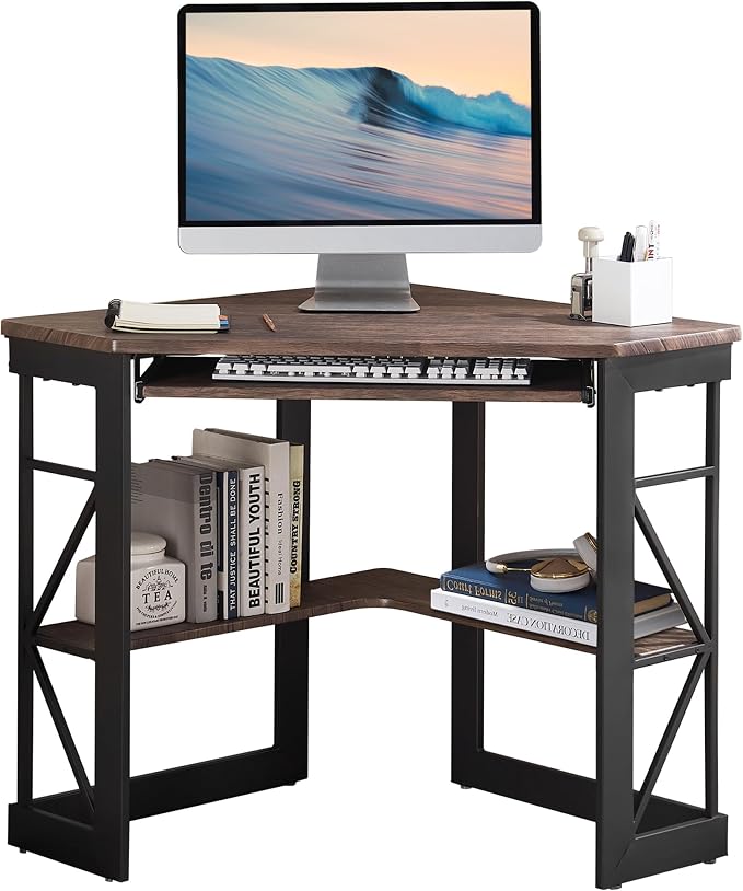 VECELO Corner Computer Desk 41 x 30 inches with Smooth Keyboard & Storage Shelves for Home Office Workstation,Rustic Brown