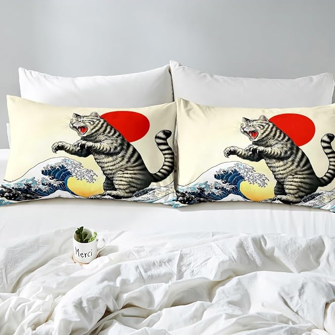 Erosebridal Funny Japanese Cat Duvet Cover Twin Japanese Ukiyo-E Cat Bedding Set Kawaii Animal Comforter Cover for Kids Girls Boys Adults Sunset Ocean Sea Waves Bed Set