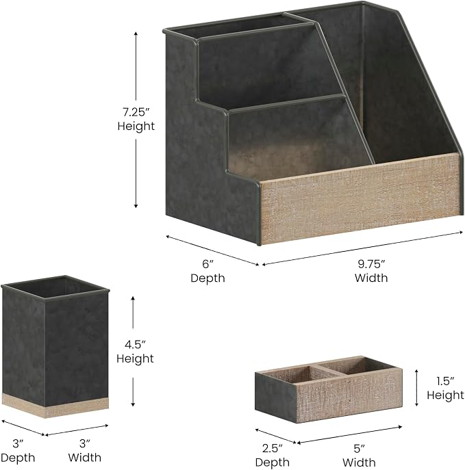 Merrick Lane Cecil 3 Piece Metal and Wood Organizer Set - Galvanized Metal and Rustic Wood - For Desktop, Countertop, or Vanity