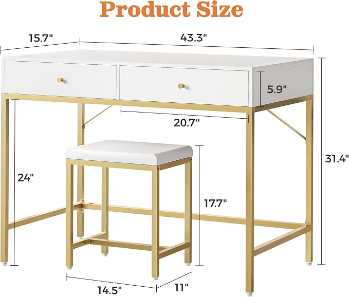 SUPERJARE 43-inch Modern White & Gold Desk - 2 Drawer Vanity, Computer & Home Office Study Desk for Writing & Bedroom