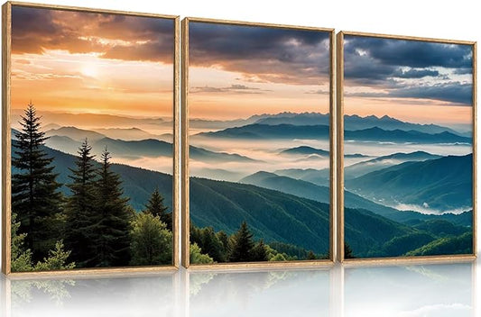 LHIUEM Large Nature Mountain Sunrise Framed Canvas Wall Art,Modern Misty Tree Wall Decor,Boho Forest Green Wall Painting,Landscape Picture Artwork for Living Room,Bedroom,Dining Room,Office -24"x36"x3