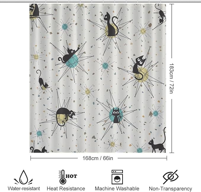 Vintage Mid Century Cats Shower Curtain Black Cat Retro Diamond Atomic 1950s 1960s Abstract Geometric Simple Waterproof Shower Curtains for Bathroom Decor 12 Pack Hooks 66x72in（168x183cm