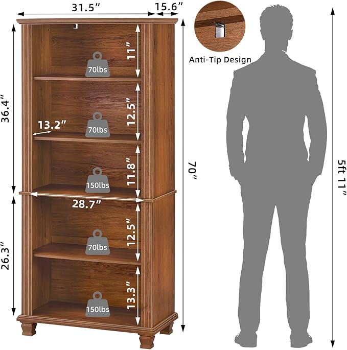 SAVOR LIFE 70" Tall Brown Bookshelf,5 Tier Wooden Book Shelf with Adjustable Shelves & Wood Legs,Free Standing Farmhouse Bookcase with Open Display Storage,Vintage Bookshelves for Classroom, Office