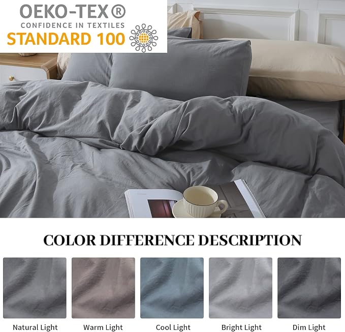 NEXHOME PRO Cotton Duvet Cover Set King Size Linen Look Textured Organic Natural 100% Washed Cotton Duvet Cover 3 Pieces Bedding Set with Zipper Closure, Breathable, Soft, Grey (No Comforter)