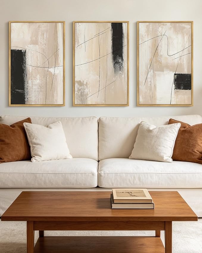 KUVIOKE Abstract Framed Wall Art Minimalist Beige Pastel Watercolor Neutral Wall Decor Modern Black Line Art Painting Home Decor 16x24in (Natural Framed)