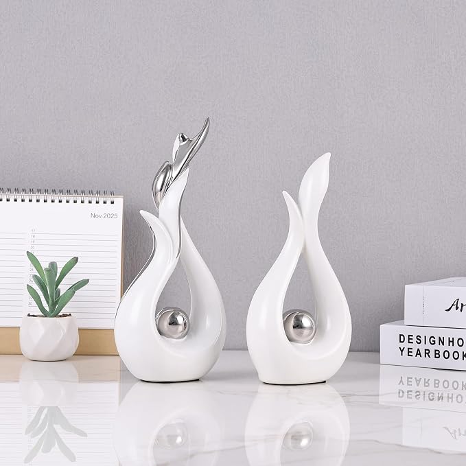 2PCS Abstract Flame Ceramic Sculpture Set – Modern Figurines for Living Room Table Centerpiece, Dining Table Decor, Bedroom Table Decor, Shelf Sculpture, Fireplace, and Home Decoration (White Silver)