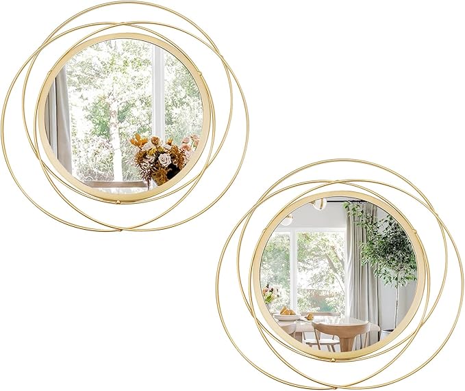 2 Set Circle Mirrors for Wall Decor for Living Room Bedroom Bathroom Entryway Metal Round Mirror Decorative Hanging Mirrors Sun Bohemian Geometric Accent Sculpture -Gold 13 in