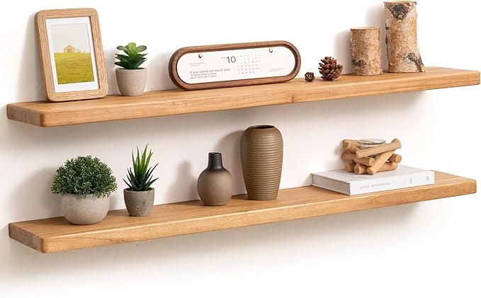 Fun Memories Rustic Elm Wood Floating Shelves, Wooden Wall Shelves 40 Inch Long Set of 2, Heavy-Duty Bathroom Shelf for Wall, Solid Wood Storage Shelf for Kitchen, Bedoom, Office