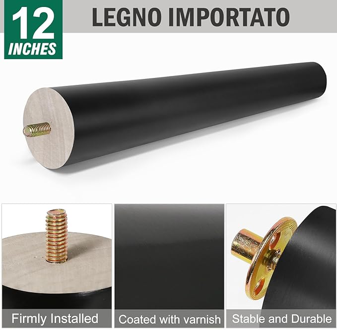 FoDau770 Black Rubber Wood Furniture Legs 12 Inches, Straight Tapered Wood Feet Mid Century Sofa Legs Set of 4, 5/16" UNC Furniture Feet for Cabinet Couch Dresser Chair Ottoman Table