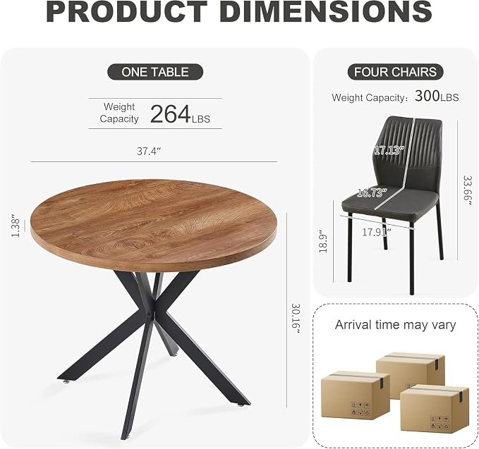 37" Round Dining Table Set for 4, Mid Century Modern Small Coffee Set for Dining Room Kitchen Apartment (Walnut Table + 4 PU Leather Dark Grey Chairs)