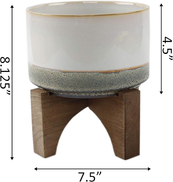 Flora Bunda Mid Century 7 inch Lava Ceramic on Wood Stand, Grey
