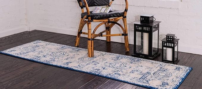 Unique Loom Bromley Collection Area Rug - Wells (2' x 13' 1" Runner, Ivory and Blue/ Ivory)