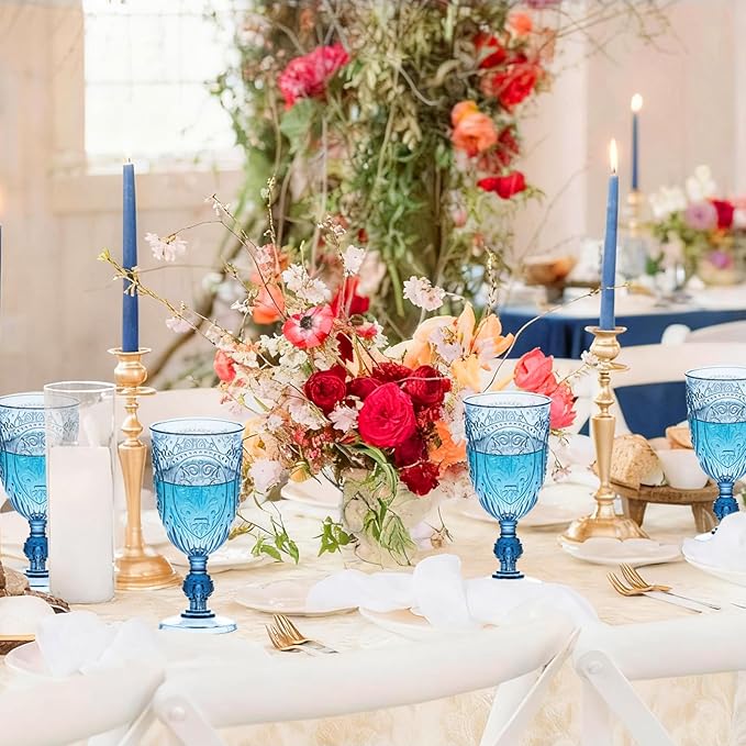 JLYLOL Plastic Wine Glasses 48Pcs Plastic Goblets 7.5oz Colored Retro Embossed Glassware Vintage Stemmed Drinking Cup Reusable Water Goblets for Wedding Reception Grand Event Party Bar,Whiskey (Blue)