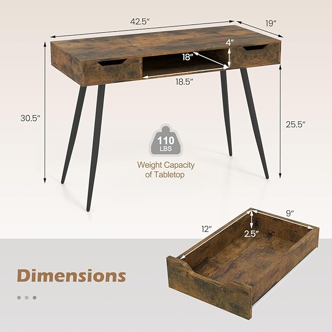 Tangkula Mid Century Modern Computer Desk, Writing Desk with 2 Drawers & Open Center Storage, Small Wooden Study Table for Home Office & Compact Spaces (Rustic Brown)