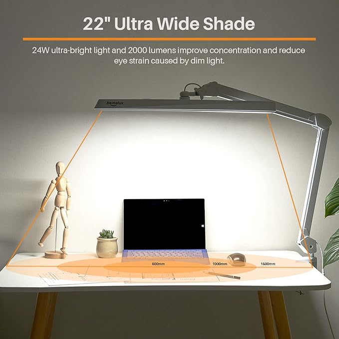 LED Architect Desk Lamp with Clamp, Metal Swing Arm 2000 Lumens Dimming Office Table Lamp for Task Work Drafting Reading Desktop, 234 LEDs,24W, 5 Color Temperatures Workbench Lamp(White,24CCT)