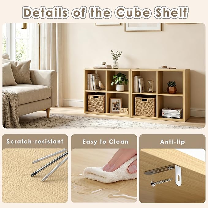Endearing Limons【2026 Wooden Thick Border】 4 Cube Shelf Storage Organizer with Anti-Tipping Kits + Reversible Open Back Bookcase (11 * 11 Unit Cell Oak)