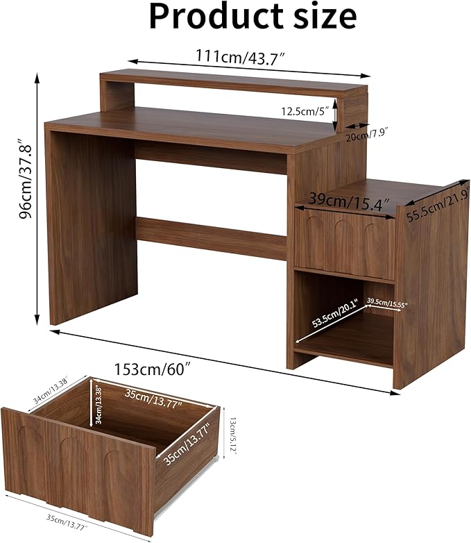 60 Inch Executive Desk with Drawer, Farmhouse Home Office Desk with Printer Shelf, Mid Century Modern Walnut Computer Desk Work Table, Monitor Shelf, Charging Station, for Study, Living Room, Brown