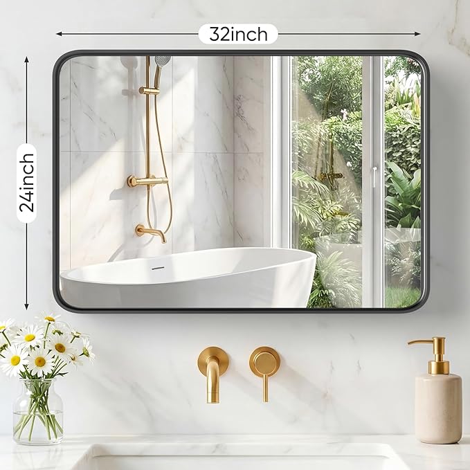 NEWBULIG 24X32 Inch Bathroom Mirror for Over Sink, Wall Vanity Mirrors Tempered Glass, Anti-Rust Metal Framed Rounded Rectangle, Hangs Horizontally or Vertically, Farmhouse Home Decor, Black