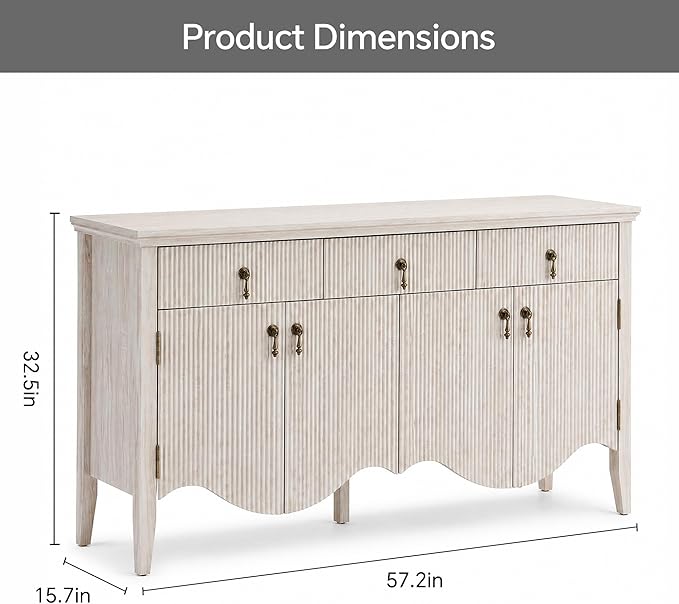 FUSUNBAO 57-Inch Sideboard Buffet Cabinet with 3 Drawers and 4 Doors, Vintage Fluted Sideboard with Scalloped Base, Vintage Storage Cabinet for Dining Room, Organic Modern Accent Cabinet,Nature Oak