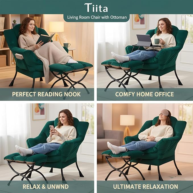 Tiita Lazy Chair with Ottoman, Green Modern Large Accent Chair, Comfy Leisure Sofa Armchair with Ottoman, Reading Chair with Footrest for Bedroom, Living Room, Dorm Rooms, Velvet Green