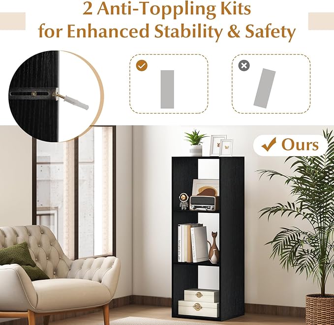 Tangkula 3-Cube Bookcase, 4-Tier Bookshelf with Open Compartments, Freestanding Cube Storage Organizer with Anti-Toppling Kits, Modern Display Shelf for Living Room, Study (1, Black, 3-Cube)