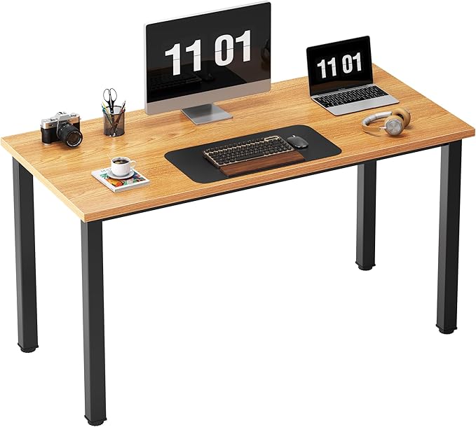 Need Computer Desk, 47 inch Home Office Desk, Modern Simple Style Home Office Gaming Desk, Basic Writing Table for Study Student, Black Metal Frame, Teak Tabletop