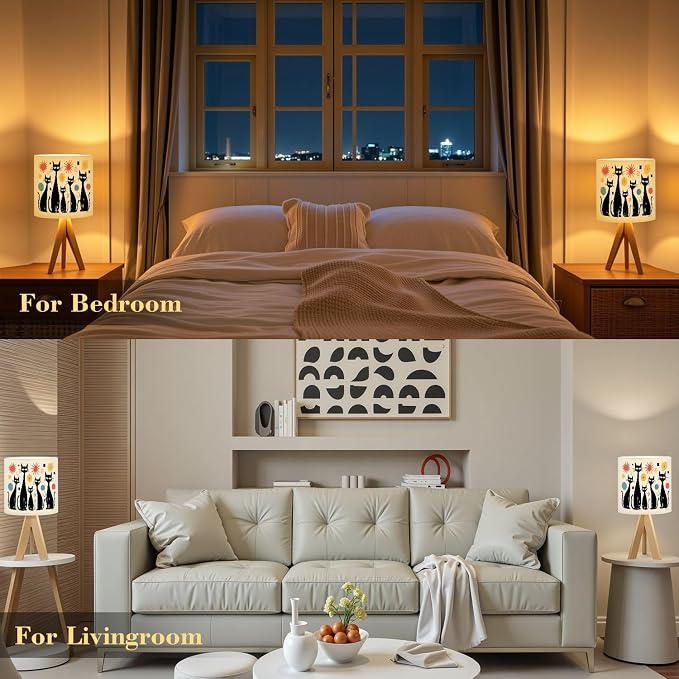 Tripod Table Lamp Mid Century Modern Atomic Cat Diamonds Black Retro Abstract Bedside Lamps Small Lamp Nightstand Lamp with Linen Lampshade Table Lamps for Bedroom Livingroom Nursery
