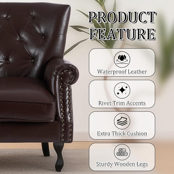 Modern Accent Chair, Mid-Century Faux Leather Armchair with Solid Wood Legs, Single Sofa Club Chair for Living Room, Bedroom, Leisure Room, Reading Room(Caramel)