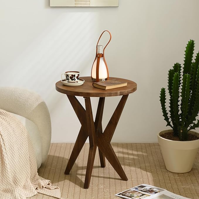 Farmhouse Round End Table with MDF Top and Crossed Legs, Boho Side Table Mid Century Modern Small Accent Table for Small Space Stable Nightstand for Living Room, Natural Wood