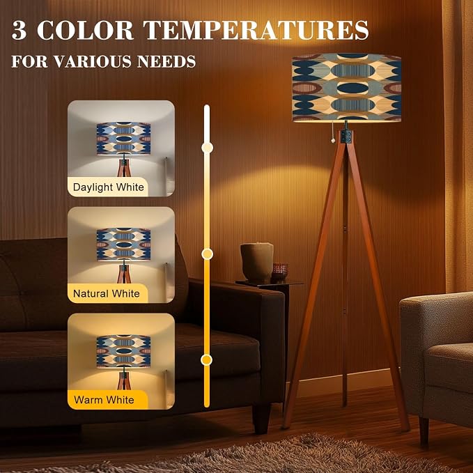 Wood Tripod Floor Lamp Abstract mid Century Seamless Mid Century Standing Lamp Linen Shade Dimmable Modern Tall lamp Home Decor for Living Room Bedroom Office
