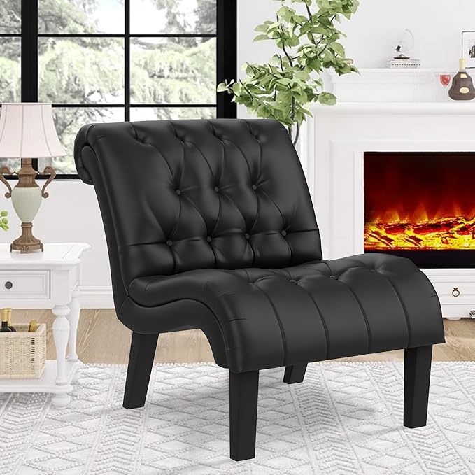 Black Faux Leather Accent Chair Modern Button Tufted Upholstered Armless Chair for Bedroom Living Room with Wood Legs