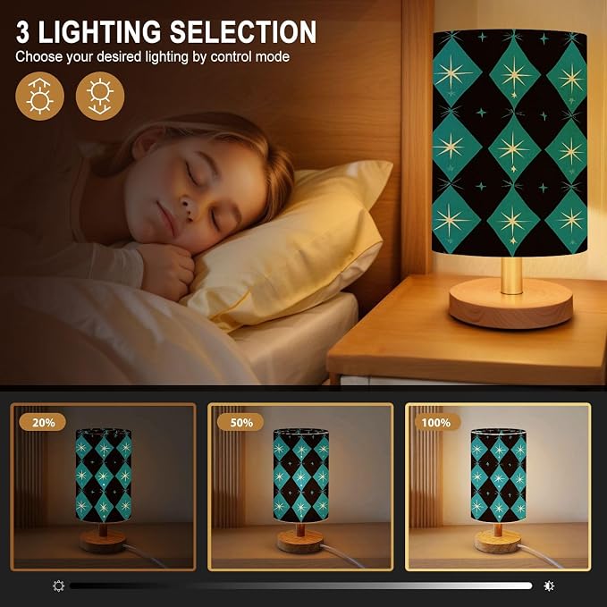 Bedside Table Lamp Atomic era diamond seamless pattern starbursts Mid century inspired 16-Way Dimmable Small Desk Lamp with Round Flaxen Fabric Shade for Nightstand Bedroom Living Room Home Decor