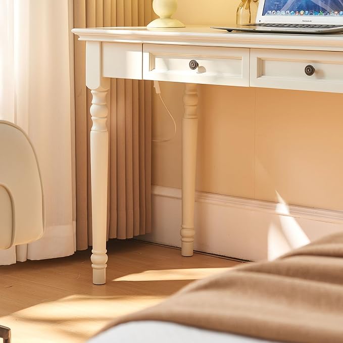 ADORZ Writing Desk with Drawers, 47 Inch French Country Desk Solid Wood Writing Desk for Home Office, Study Workspace or Bedroom (White, 47 inches)