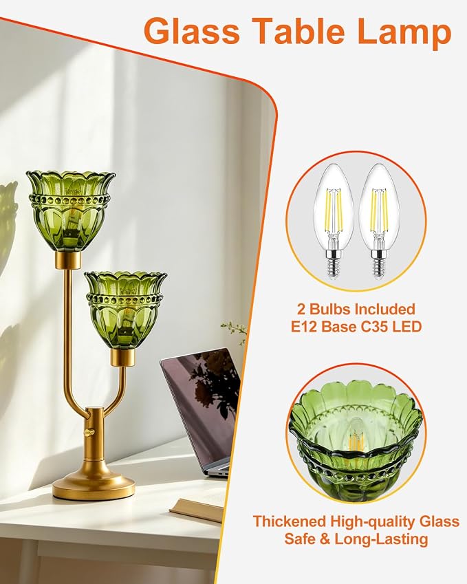 Lightdot Vintage Green Glass Table Lamp for Bedroom Dimmable Mid Century Modern Gold Desk Lamp Nightstand Lamp 2 Bulbs Included Warmwhite Ambient Bedside Lamps for Living Room Home Office Decor Gift