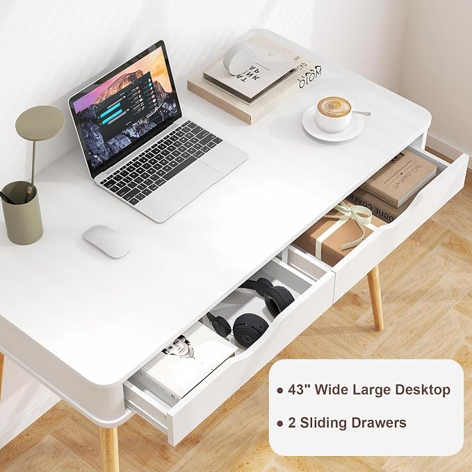 POWERSTONE Mid Century Office Desk with 2 Drawers - Vintage Writing Desk Computer Workstation with Sturdy Rubberwood Legs & Spacious 43.5" Desktop for Home Office Bedroom