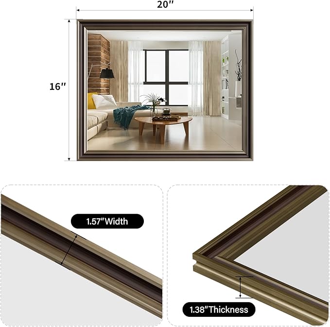 Retro Copper Effect Framed Wall Mirror, 16x20 Rectangle Mirror, Anti-desilvering Tempered Glass, Sustainable&Sturdy Frame, Anti-Rust, HD Reflection &3min Fast Setup for Bathroom Living Room