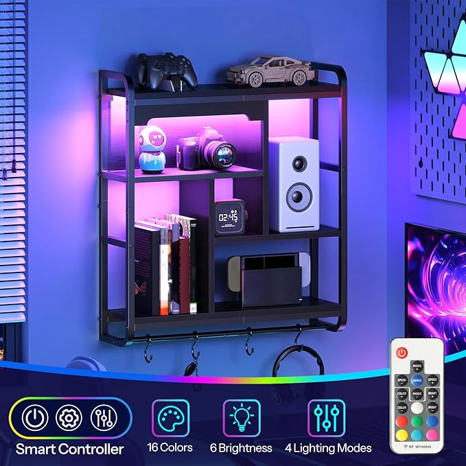 HOOBRO Gaming Floating Shelves with LED Lights, 26.4" LED Wall Mounted Shelf, Modern Corner Shelf 3-Tier Display Rack for Wall Storage, Arched Design, for Kitchen, Living Room, Study, Black BB44DBJ01