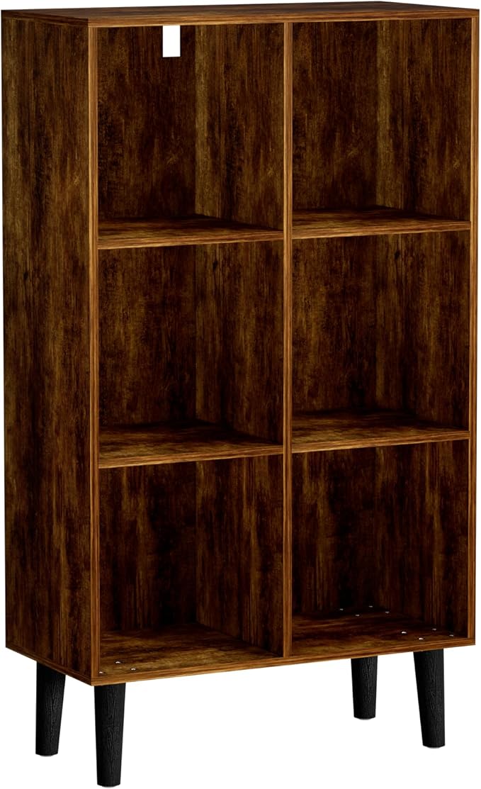 6 Cube Bookcase, Wooden Book Shelf Cube Storage Organizer with Legs, 3 Tier Bookshelf Freestanding Open Shelves for Bedroom, Living Room and Home Office (Brown, 6 Cube Vertical)