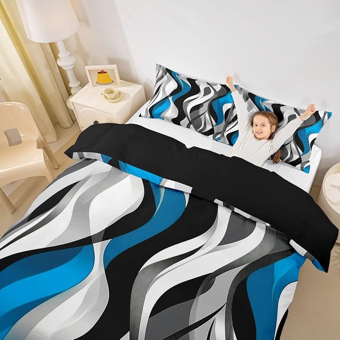 Blue Black Stripes Duvet Cover Set King Size,Abstract Striped Geometric Wave Bedding Set,Boys Girls Room Decor,Contemporary Art Geometric Comforter Cover,Simple Quilt Cover,2 Pillowcases(No Filler)