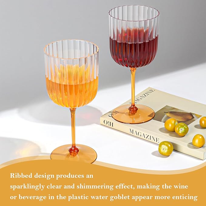24 PCS Plastic Ribbed Wine Glasses 11oz Clear and Amber Detachable Wine Goblet Unbreakable Vintage Ripple Water Goblets Cocktail Drinking Cups for Parties Weddings Poolside Outdoors
