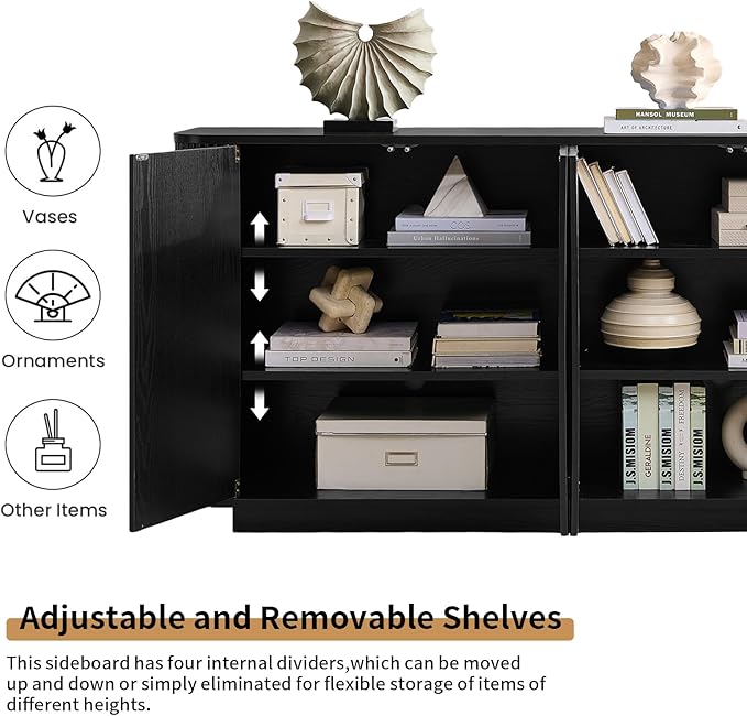 LKTART 64" Buffet Cabinet with Storage, Modern Fluted Accent Sideboard Media Console Credenza with Adjustable Shelves Pressed Spring for Kitchen Living Room,31.5" H (Black)