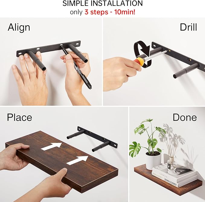 BAYKA Floating Shelves Bathroom for Wall – Shelf Over Toilet Farmhouse Rustic Wood for Bedroom, Kitchen, or Living Room Decor Organization Display Shelving – Rustic Brown, Set of 3