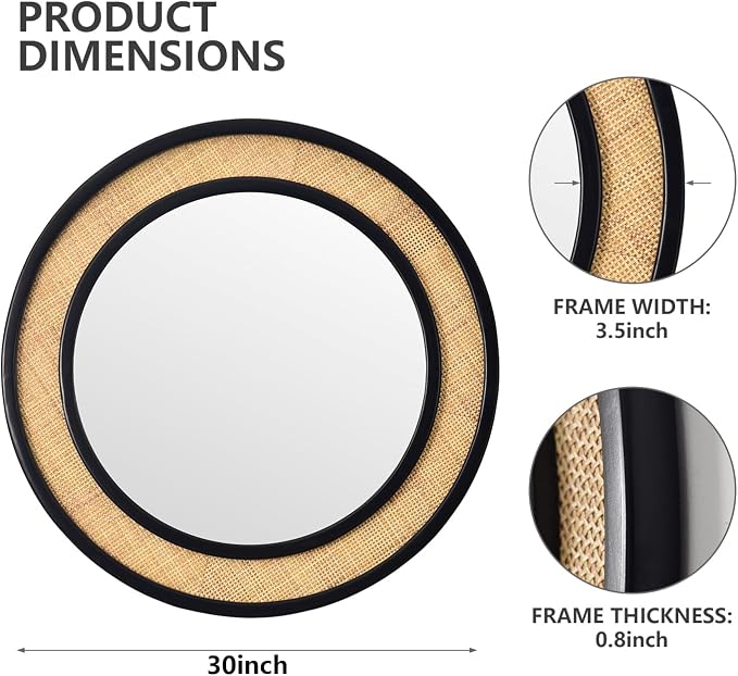 Round Rattan Mirror, 30" Circle Wall Mirror, Farmhouse Wooden Vanity Mirror with Handmade Wicker Frame, Decorative Boho Mirror for Nursery Bedroom Living Room Entryway Black