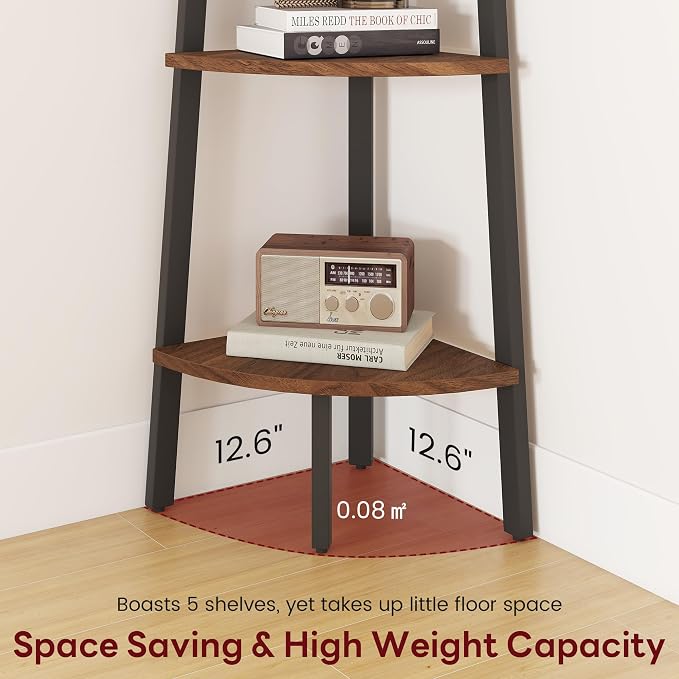 Corner Shelf, 5 Tier Ladder Corner Bookshelf, Display and Bookshelf Stand Unit, Anti Tip Feature, Space Saving, Ideal for Plants, Books, Living Room, Bedroom, Walnut