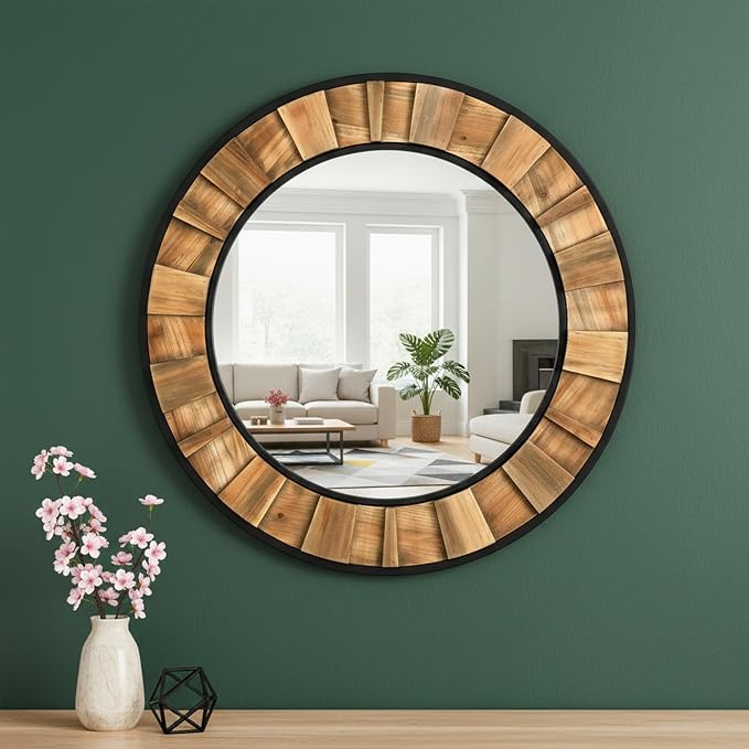 ZIYOO Round Wood Mirror 30", Metal & Wooden Frame Decorative Wall Mirror for Bathroom Vanity, Bedroom Living Room Entryway (Wood and Metal,30")