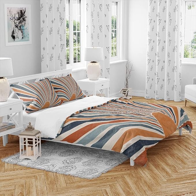 Boho Colorful Sunrise Duvet Cover Set Queen Size Boho Abstract Mid Century Orange Comforter Cover Minimalist Art Lightweight Soft Bedding Set 3 Pcs Breathable Bedding Set with 2 Pillowcase