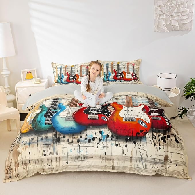 Erosebridal Chic Guitar Comforter Cover Full Retro Musical Staves Pattern Bedding Set Rock Music Lovers Room Decor Duvet Cover,Rustic Musical Notes Bed Set